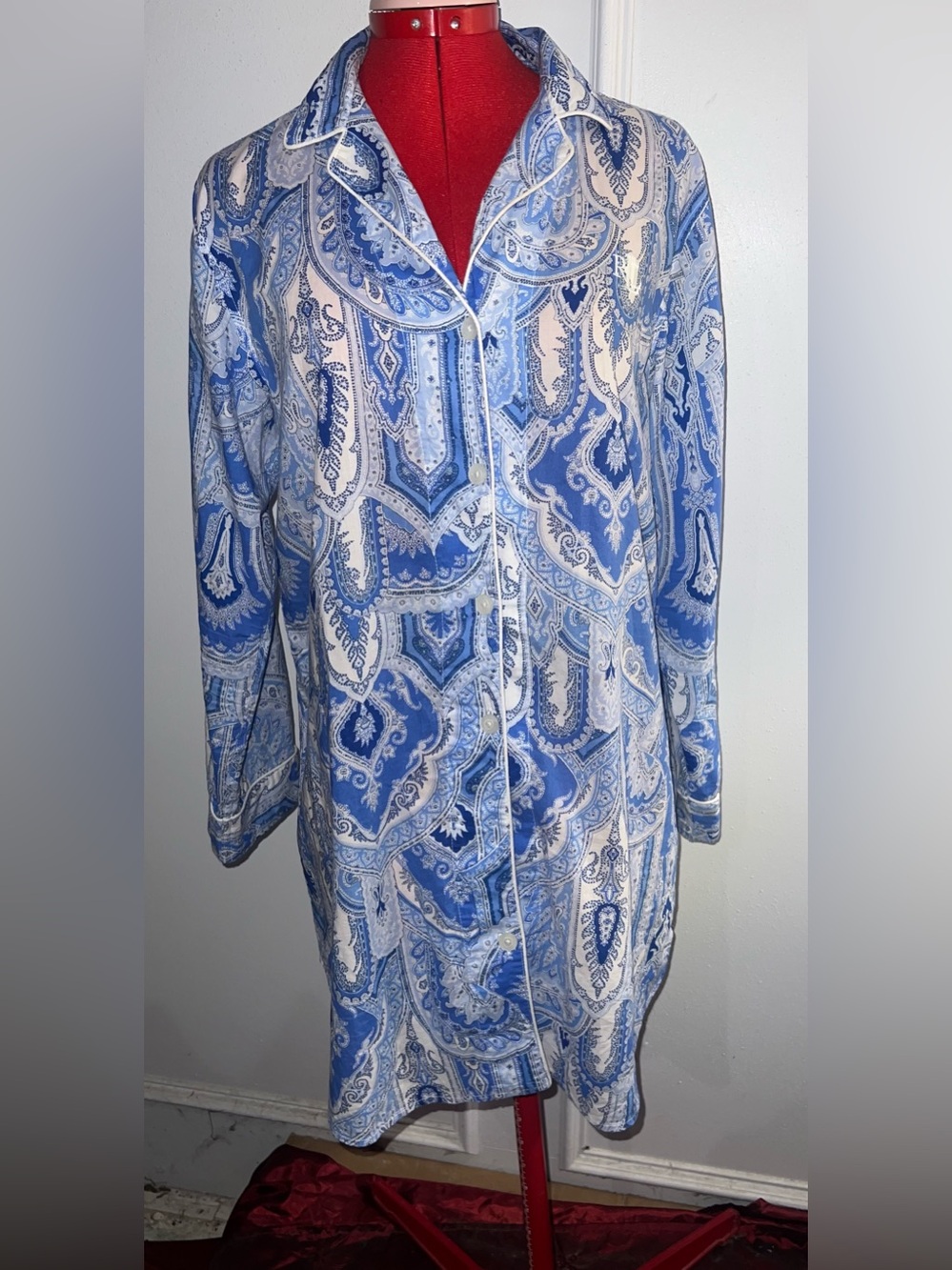 Lauren Ralph Lauren Boack Label Blue Paisley Button-Front Nightgown Sz Med